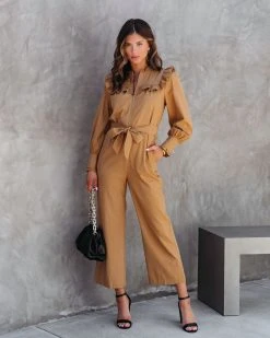 STOR-001 Nellie Pocketed Ruffle Jumpsuit - Camel - FINAL SALE