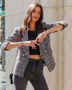 FORE-001 Neveah Pocketed Tweed Blazer - Black Multi - FINAL SALE