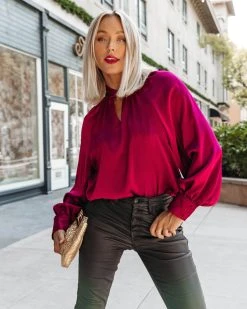 SKIE-001 Overall Gratitude Satin Balloon Sleeve Top - Wine - FINAL SALE