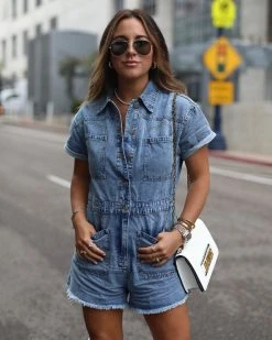 &MER-001 Judy Denim Utility Frayed Hem Romper