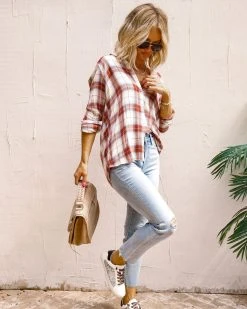 THRE-001 Harvard Dreams Plaid Button Down Top - Rust Combo - FINAL SALE