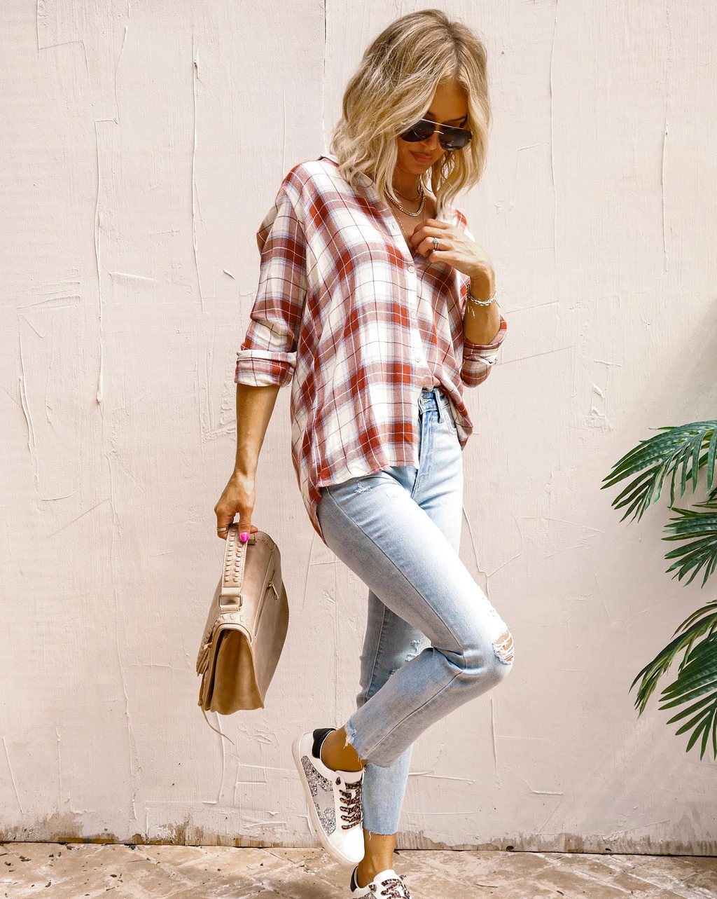 THRE-001 Harvard Dreams Plaid Button Down Top - Rust Combo - FINAL SALE