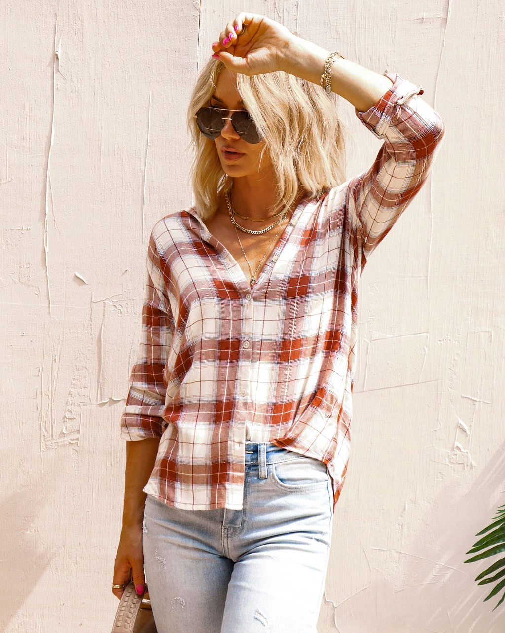 THRE-001 Harvard Dreams Plaid Button Down Top - Rust Combo - FINAL SALE - Image 5