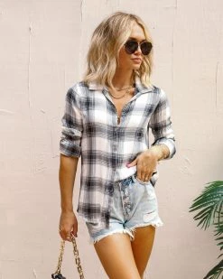 THRE-001 Harvard Dreams Plaid Button Down Top - Black Combo - FINAL SALE