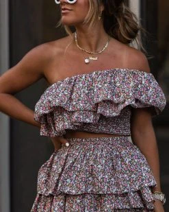 ENDL-001 Just Fate One Shoulder Cotton Floral Smocked Crop Top - FINAL SALE