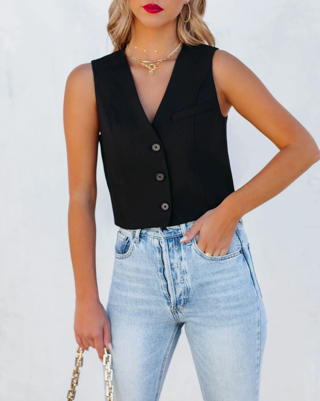 ENDL-001 Priam Cropped Button Down Vest - Black - FINAL SALE - Image 5