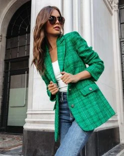 ENDL-001 Priestly Pocketed Tweed Blazer - Emerald - FINAL SALE