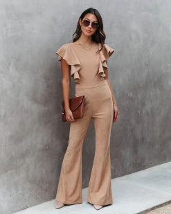 FLAT-001 Queen Of The Patch Corduroy Ruffle Cutout Jumpsuit - Taupe - FINAL SALE