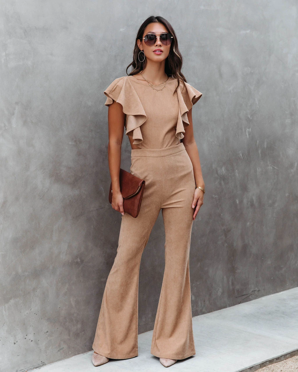 FLAT-001 Queen Of The Patch Corduroy Ruffle Cutout Jumpsuit - Taupe - FINAL SALE - Image 9