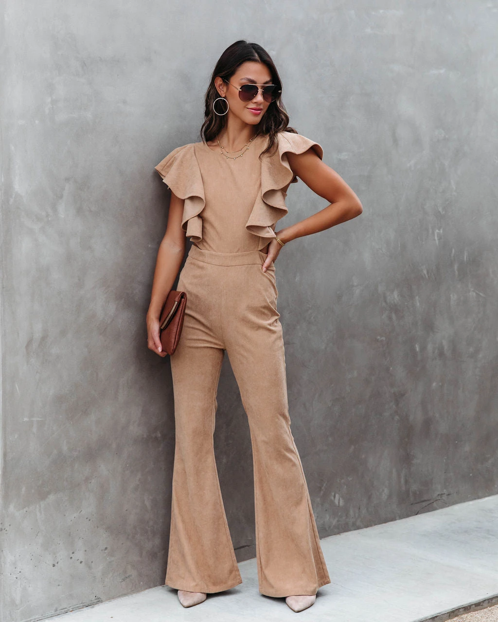 FLAT-001 Queen Of The Patch Corduroy Ruffle Cutout Jumpsuit - Taupe - FINAL SALE - Image 7