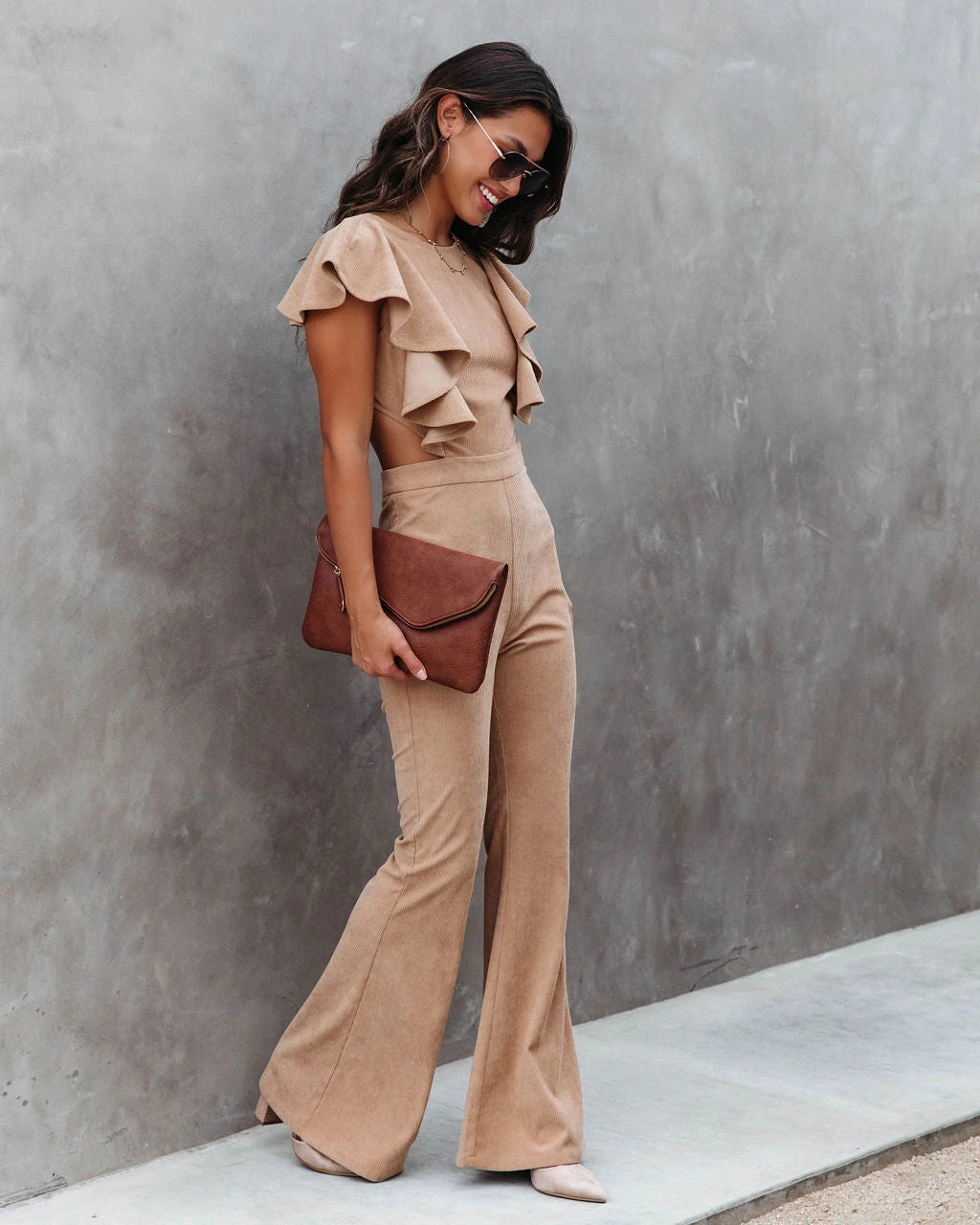 FLAT-001 Queen Of The Patch Corduroy Ruffle Cutout Jumpsuit - Taupe - FINAL SALE - Image 6