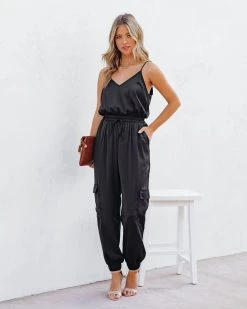 STRU-001 Quince Pocketed Satin Utility Jumpsuit - Black - FINAL SALE