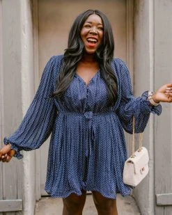 ENDL-001 Viera Polka Dot Pleated Romper - Navy - FINAL SALE