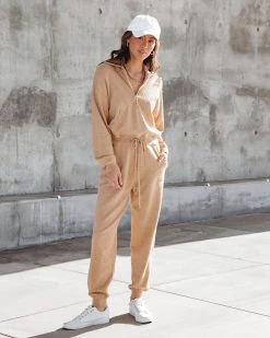 STRU-001 Ryker Pocketed Half Zip Knit Jumpsuit - Oatmeal - FINAL SALE