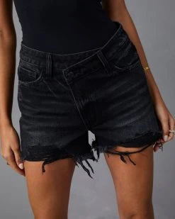 FLYI-001 Lia Frayed Hem Denim Shorts - Black