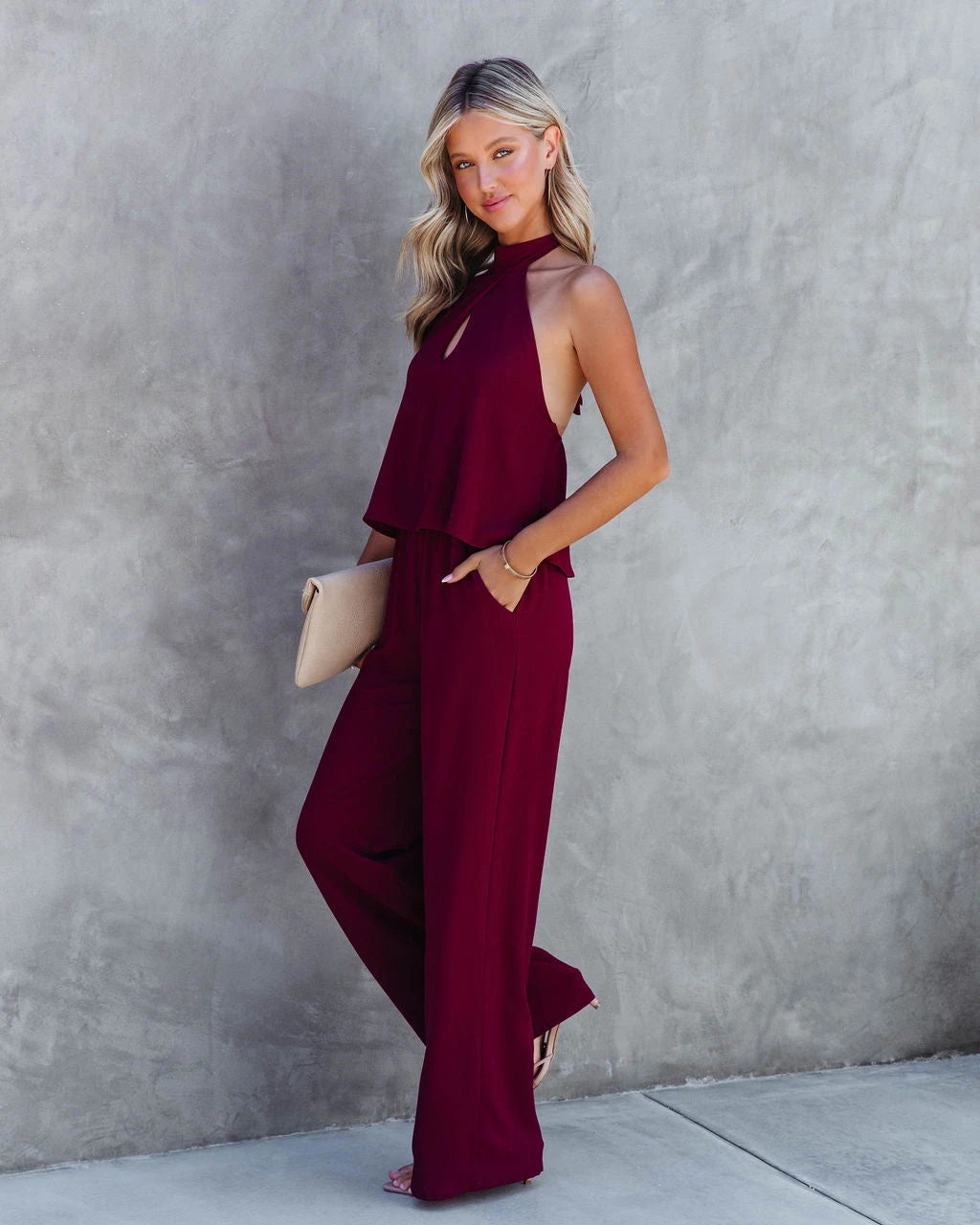 TYCH-001 Saturday Night Fever Halter Pocketed Jumpsuit - Wine - FINAL SALE - Image 7