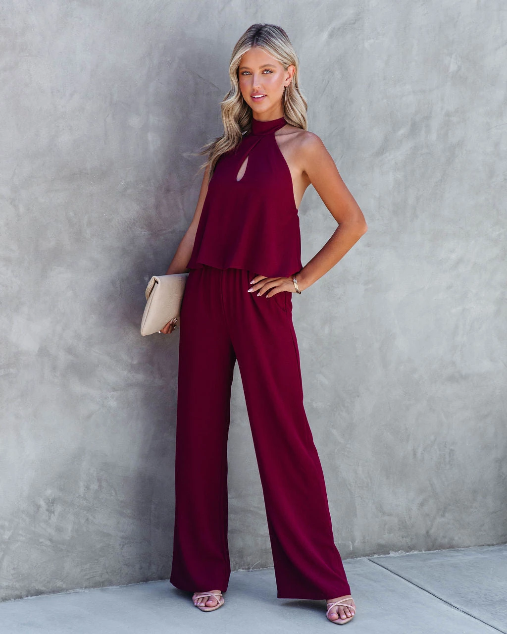 TYCH-001 Saturday Night Fever Halter Pocketed Jumpsuit - Wine - FINAL SALE - Image 8