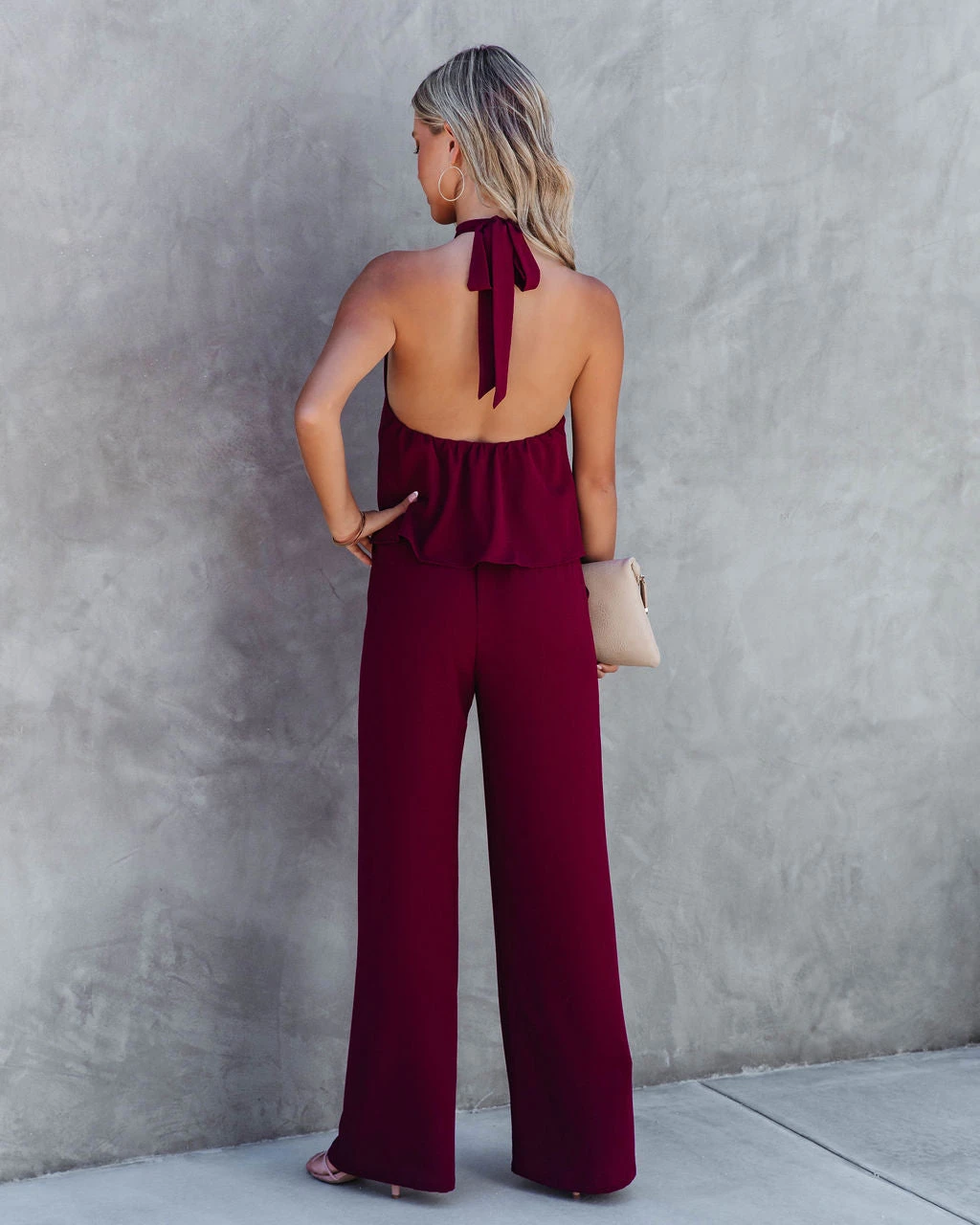 TYCH-001 Saturday Night Fever Halter Pocketed Jumpsuit - Wine - FINAL SALE - Image 2