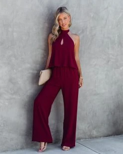 TYCH-001 Saturday Night Fever Halter Pocketed Jumpsuit - Wine - FINAL SALE