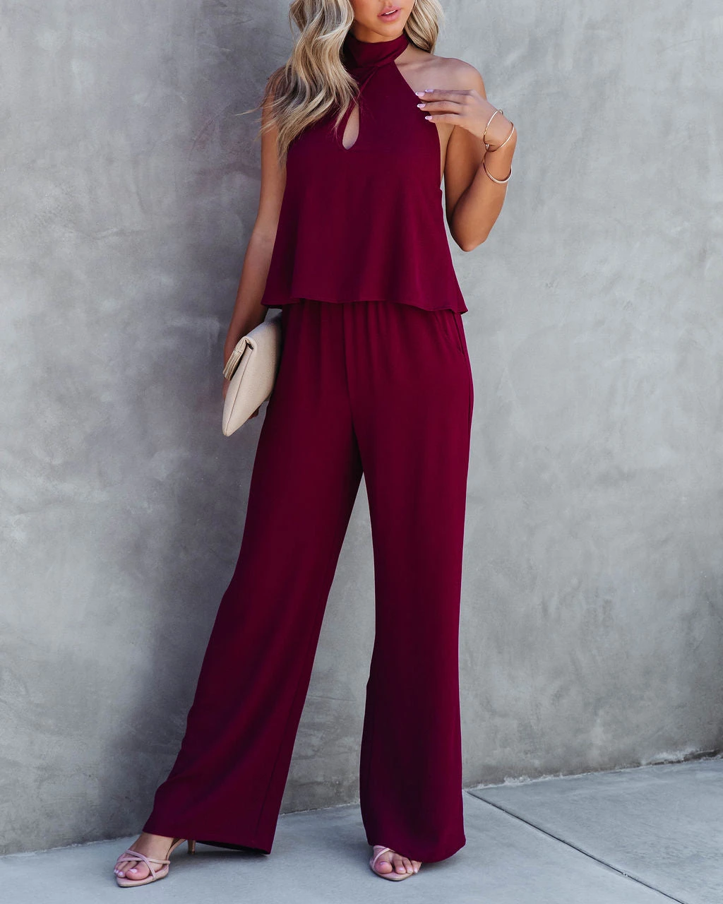 TYCH-001 Saturday Night Fever Halter Pocketed Jumpsuit - Wine - FINAL SALE - Image 3