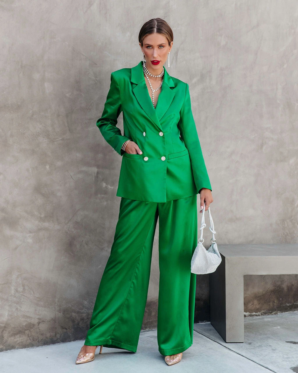 SALT-001 Sensational Queen Satin Embellished Pocketed Blazer - Emerald - FINAL SALE - Image 3