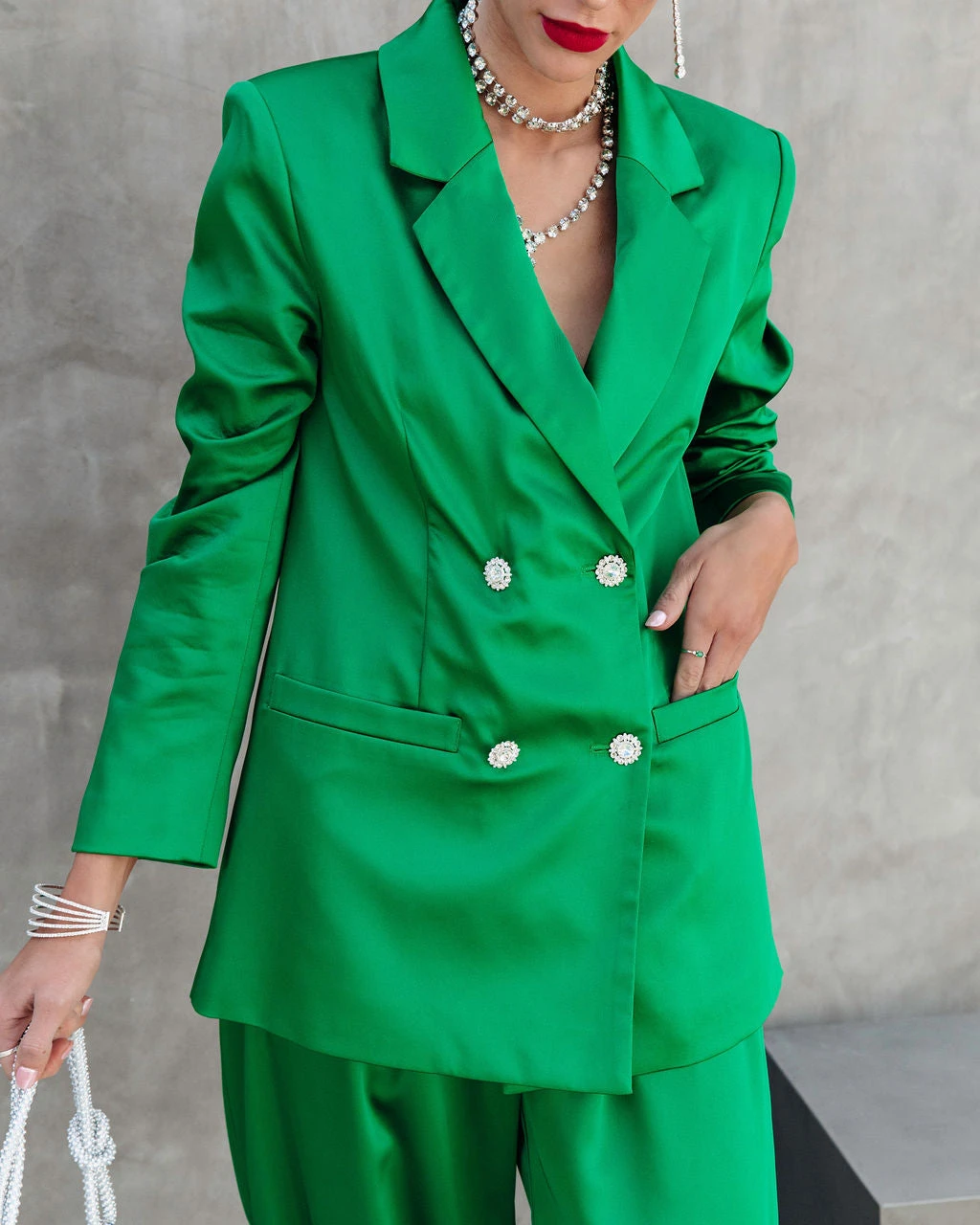 SALT-001 Sensational Queen Satin Embellished Pocketed Blazer - Emerald - FINAL SALE - Image 6