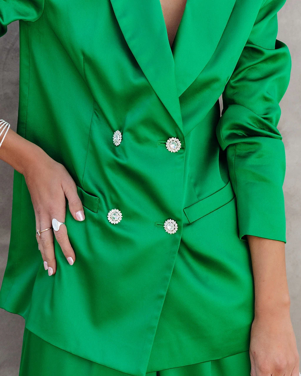 SALT-001 Sensational Queen Satin Embellished Pocketed Blazer - Emerald - FINAL SALE - Image 2