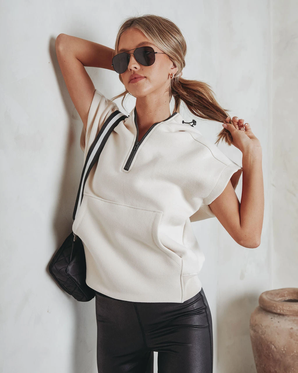 MONO-001 Serena Half Zip Hooded Sweatshirt - Cream - Image 7