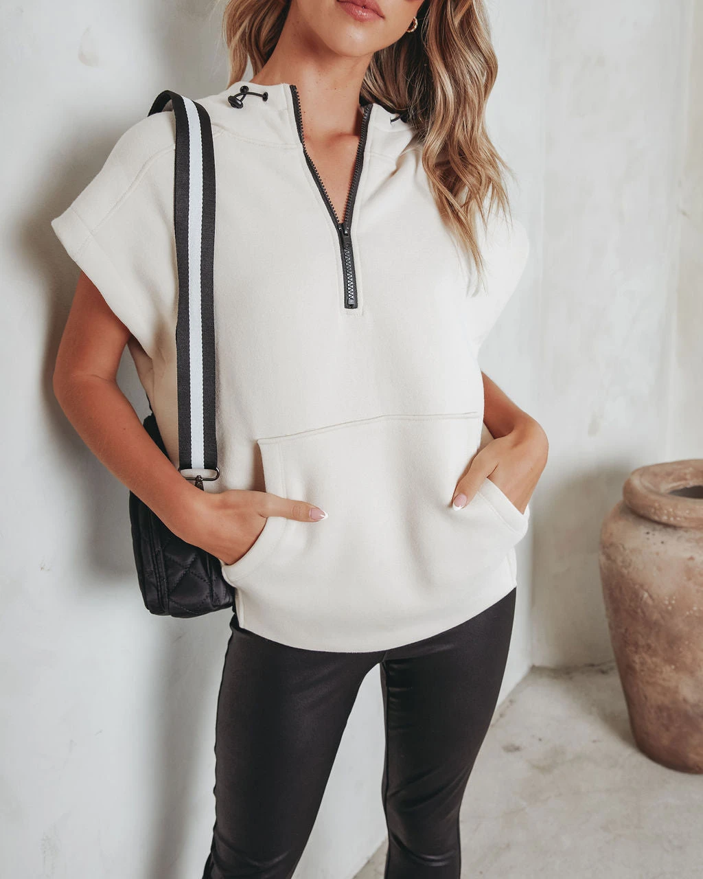 MONO-001 Serena Half Zip Hooded Sweatshirt - Cream - Image 2