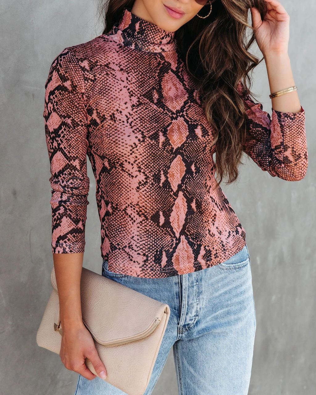 &MER-001 Serpentine Snake Print Sheer Turtleneck Top - Clay - FINAL SALE - Image 7