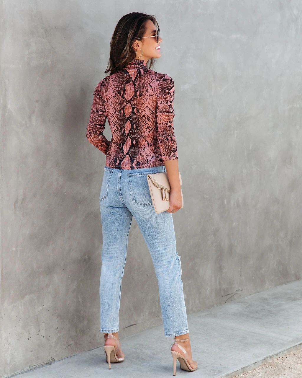 &MER-001 Serpentine Snake Print Sheer Turtleneck Top - Clay - FINAL SALE - Image 2