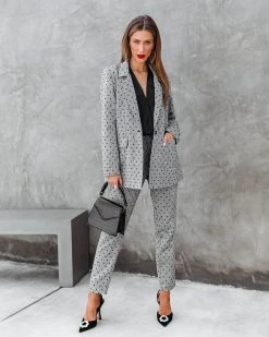 ON T-001 Serving Looks Polka Dot Pocketed Blazer - Grey - FINAL SALE