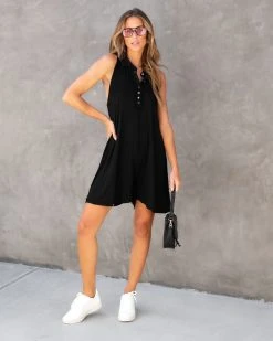 POL-001 Shania Collared Henley Romper - Black - SALE