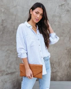 BLU-001 Shawna Striped Button Down Top - Light Blue - SALE
