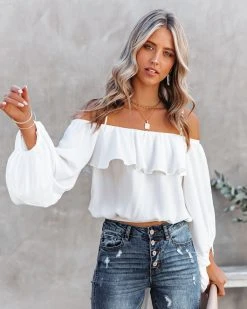 TYCH-001 Sincere Balloon Sleeve Cold Shoulder Blouse - White - FINAL SALE