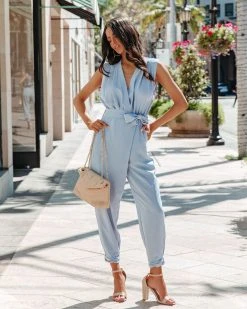 ENTR-001 Skyler Pocketed Drape Jumpsuit - Blue - FINAL SALE