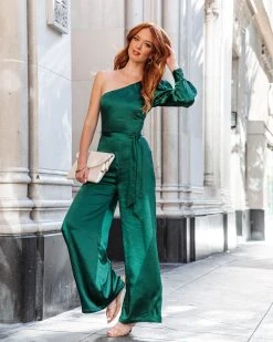 AAKA-001 Sleigh Baby Satin One Shoulder Jumpsuit - Hunter Green - FINAL SALE