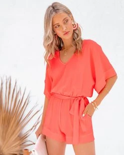 TYCH-001 Spring Scene Pocketed Tie Romper - Bright Coral - FINAL SALE
