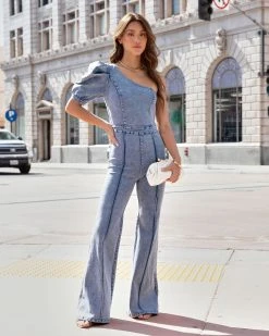 SALT-001 Stand Out Type One Shoulder Acid Wash Jumpsuit - SALE