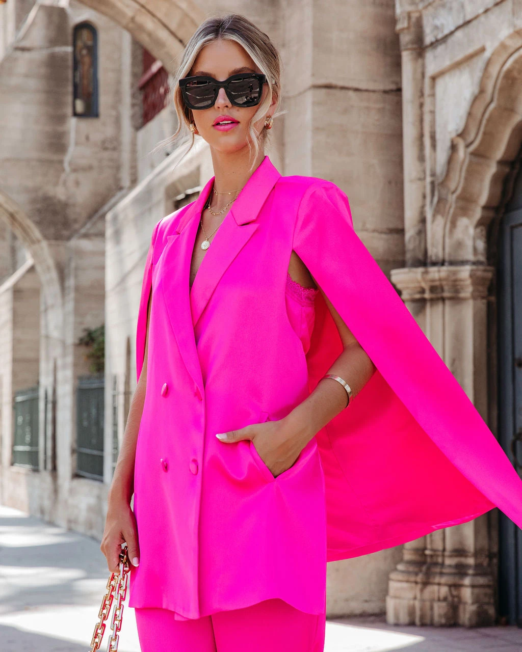 SKIE-001 Statement Maker Satin Cape Pocketed Blazer - Hot Pink - FINAL SALE - Image 7