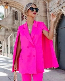 SKIE-001 Statement Maker Satin Cape Pocketed Blazer - Hot Pink - FINAL SALE