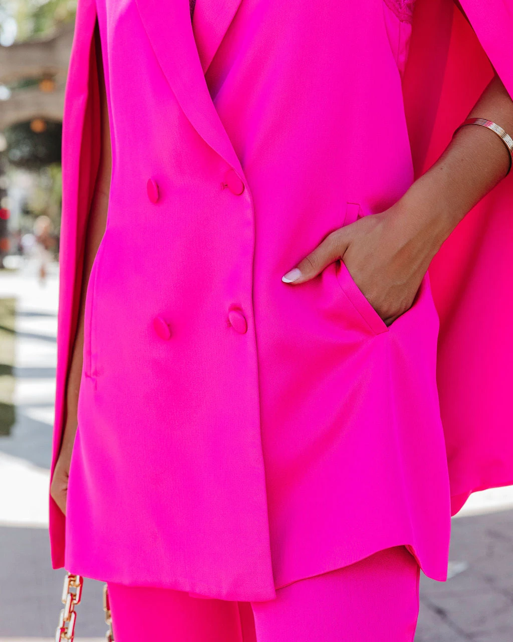 SKIE-001 Statement Maker Satin Cape Pocketed Blazer - Hot Pink - FINAL SALE - Image 2
