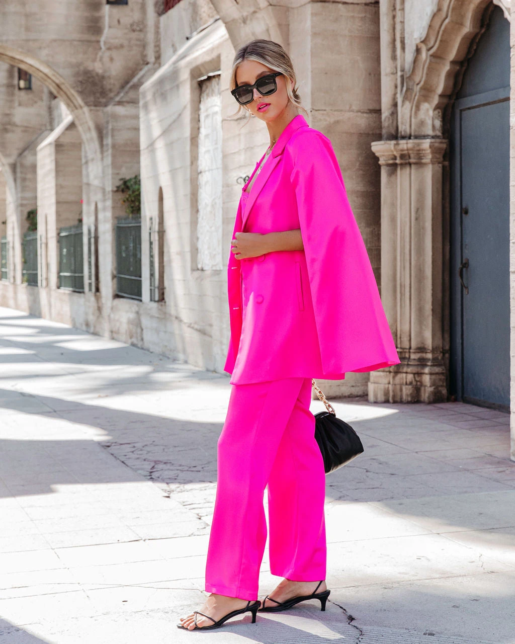 SKIE-001 Statement Maker Satin Cape Pocketed Blazer - Hot Pink - FINAL SALE - Image 5