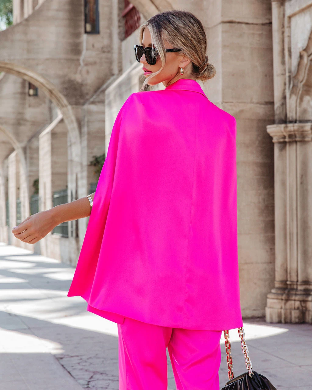 SKIE-001 Statement Maker Satin Cape Pocketed Blazer - Hot Pink - FINAL SALE - Image 4