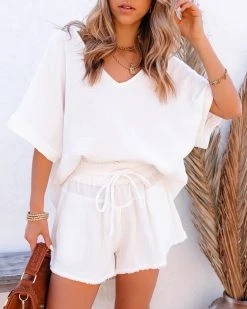 FLAW-001 Sumner Cotton Relaxed V-Neck Top - White - FINAL SALE