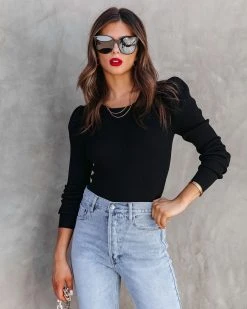 FATE-001 Sweet + Chic Ribbed Puff Sleeve Top - Black - FINAL SALE
