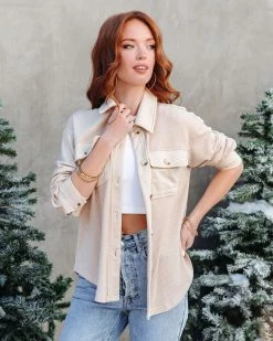 ENDL-001 Tiffani Waffle Knit Button Down Top - Oatmeal - FINAL SALE