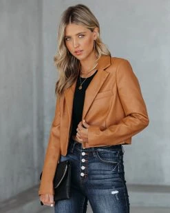 BAGA-001 Tiller Faux Leather Crop Blazer - Biscotti - FINAL SALE