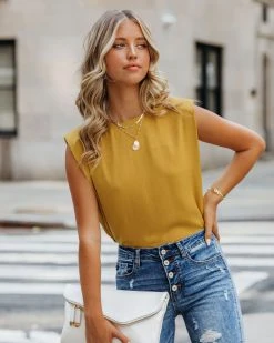 TCEC-001 Times Square Padded Shoulder Blouse - Mustard - FINAL SALE