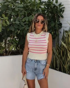 LUSH-001 Krew Knit Striped Top - Ivory/Pink - FINAL SALE